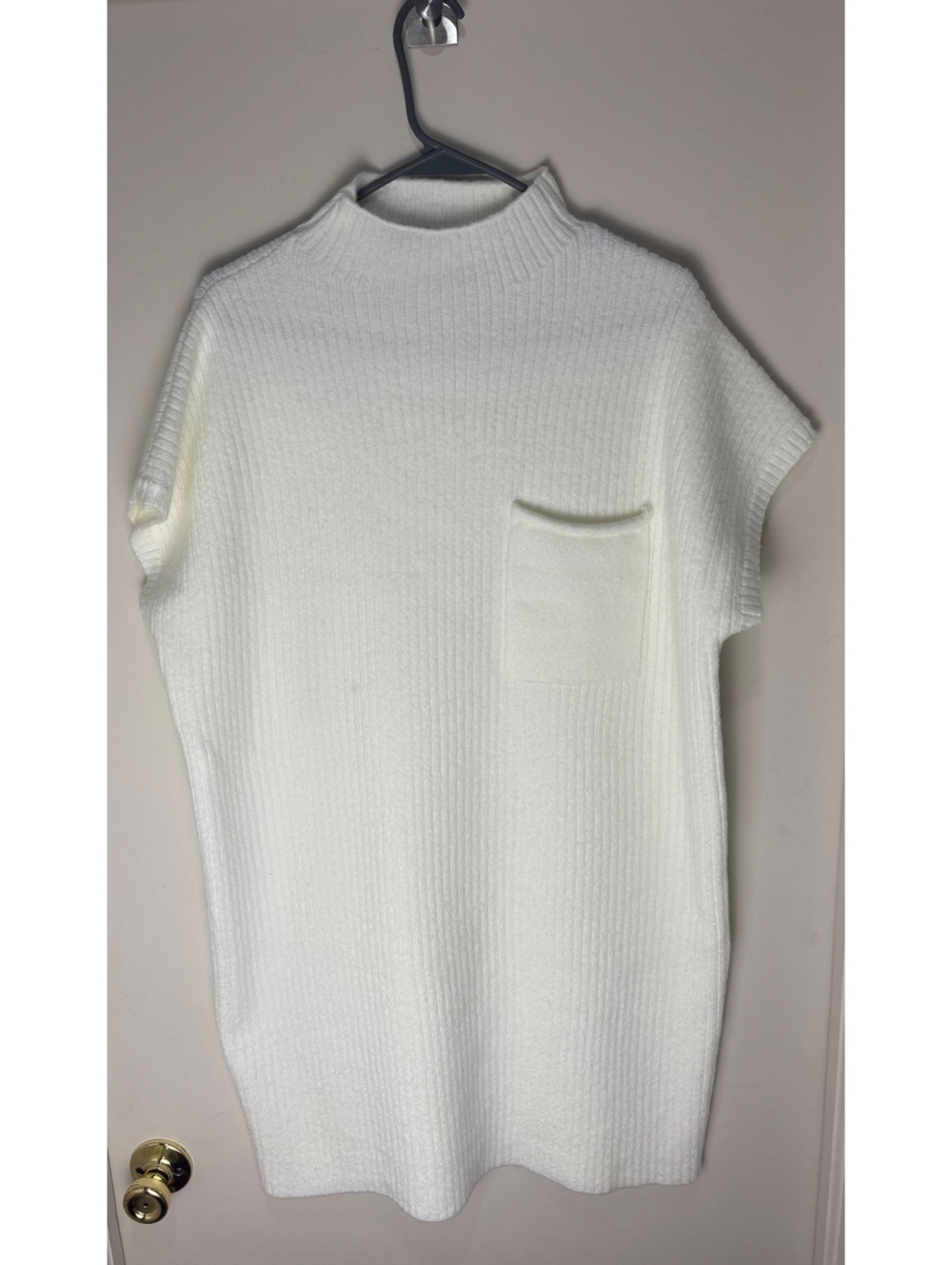 Zenana Ivory Ribbed Mock Neck Sweater Dress Tunic Pocket Medium